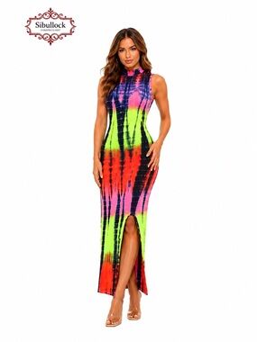 Heart & Hips Neon Tie-Dye Maxi Dress in Pink, Lime & Red